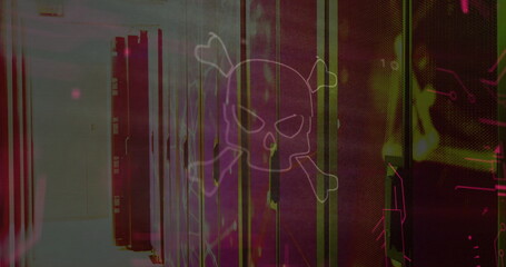 Showing data center hallway with server racks flashing LEDs with glitchy skull overlay