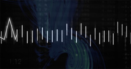 Displaying white vertical bars fluctuating on digital screen, with blue-green glow and code overlay