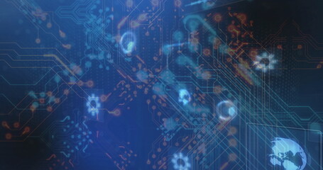 Displaying abstract network pattern in security panel, with circuit traces skull icons Earth map
