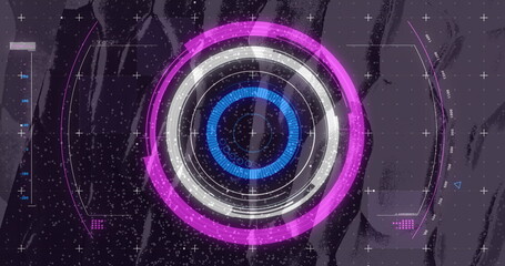 UI displaying concentric tri-color rings on dark screen, with reticle, plus markers, numeric scales