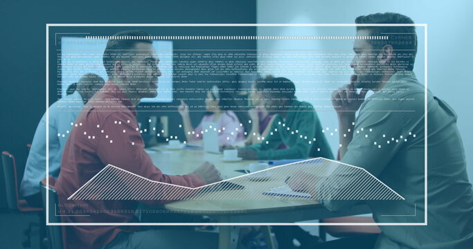 Project manager and analyst reviewing digital code overlay in meeting room, with laptops