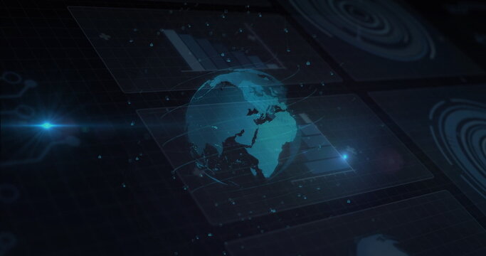 Projecting holographic globe rotating with data points in digital command hub, with radar UI - Powered by Adobe