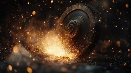 Dark metal disc sparks, fiery explosion