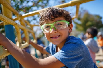 August Children's Eye Health & Safety Month – Boy in Playground Wearing Safety Glasses Under Supervision