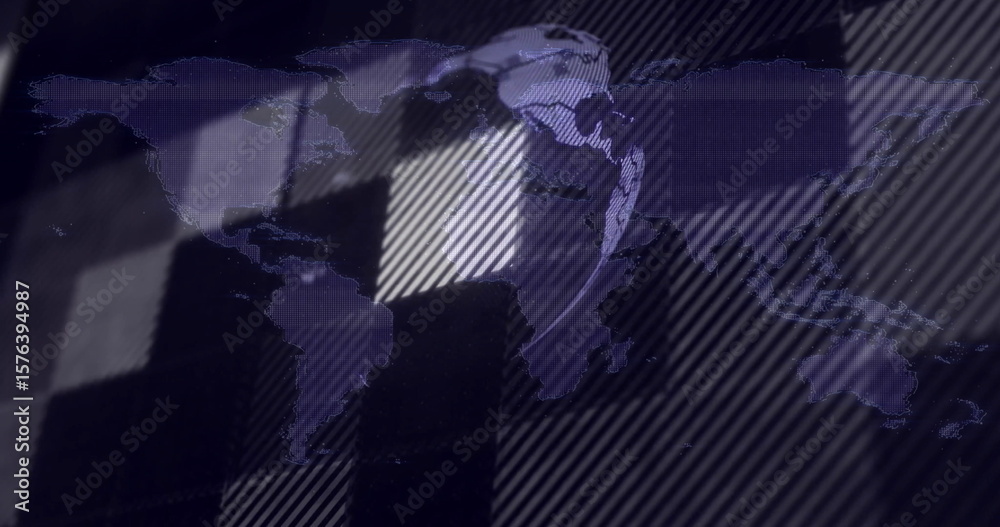 Poster displaying world map silhouettes on interface, with grid lines, diagonal stripes and glitch blocks