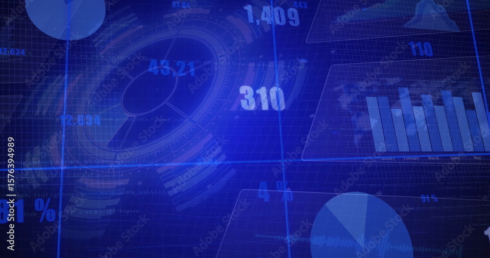 Poster displaying data dashboard interface running in virtual console, with pie chart and bar graph panels