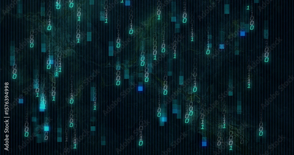 Poster streaming binary digits cascading through digital space, with glowing squares and vertical grid
