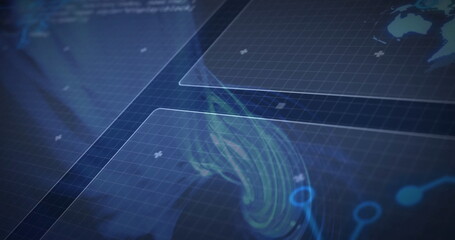 Central swirling contours animating on digital panels with world map and data flows