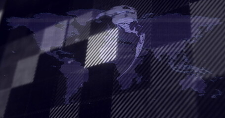 Displaying world map silhouettes on interface, with grid lines, diagonal stripes and glitch blocks