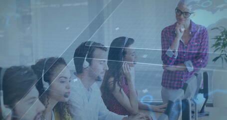 Call center agents wearing headsets focusing on computers in open office, with digital data overlay