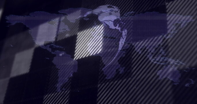 Displaying world map silhouettes on interface, with grid lines, diagonal stripes and glitch blocks