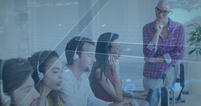 Call center agents wearing headsets focusing on computers in open office, with digital data overlay - Powered by Adobe