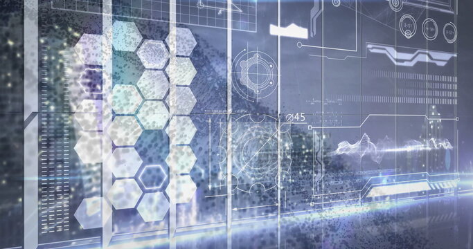 Projecting HUD interface displaying wireframe diagrams in virtual control hub, with hexagonal grid
