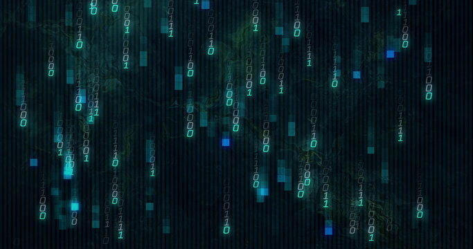 Streaming binary digits cascading through digital space, with glowing squares and vertical grid