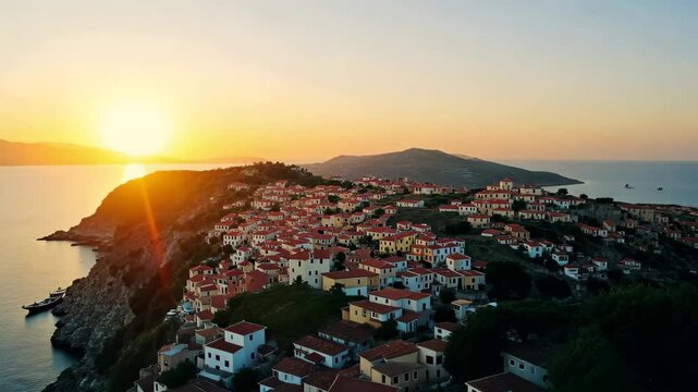Stunning sunset over Mizithres Island and Zakynthos coastline with serene waters, Zakynthos Greece sunset aerial view Mizithres island of Keri cape