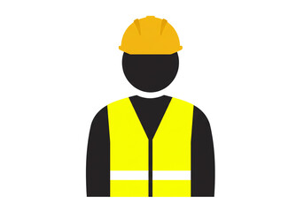 Illustration of a construction worker with a yellow hard hat and safety vest on a white background
