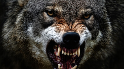 growling Wolf studio shot with black background.