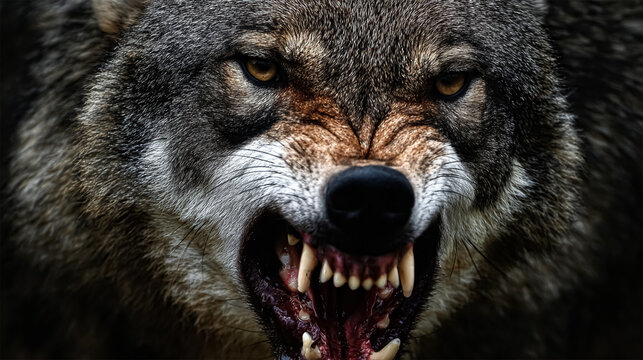 growling Wolf studio shot with black background.