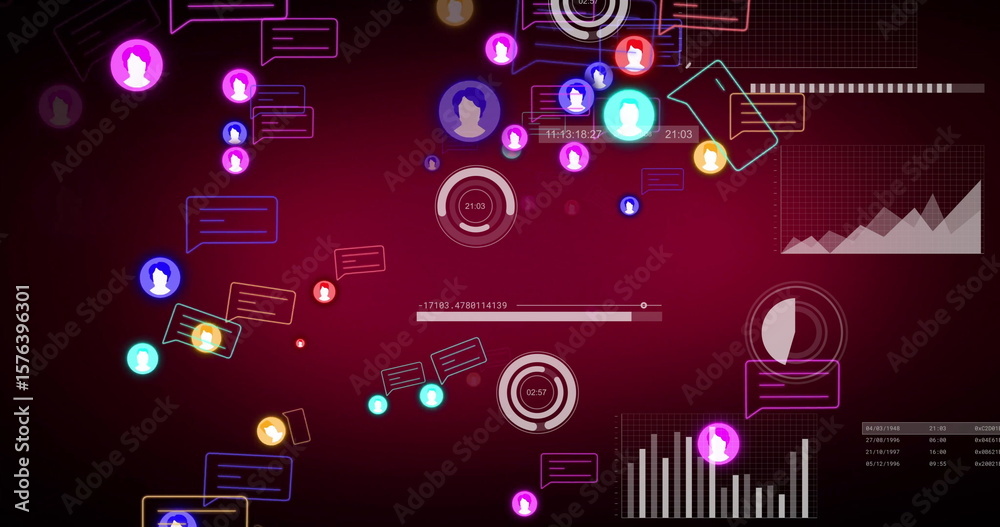 Poster presenting avatar icons and chat bubbles in virtual dashboard, with bar charts and circular timers