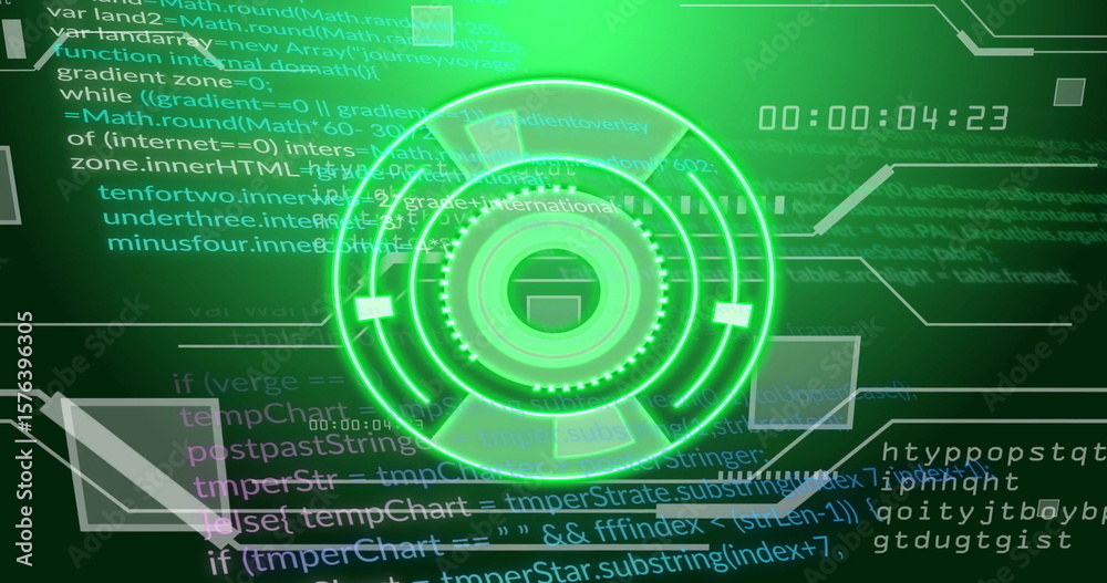 Poster displaying neon green circular hud graphic pulsing on digital display, with code overlays and timer