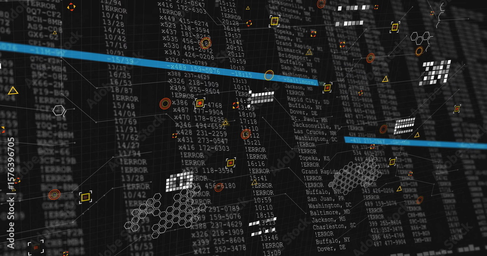 Poster displaying data columns at system dashboard, showing error labels, hexagonal patterns, blue bars