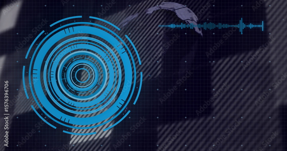 Poster Displaying blue concentric interface on grid dashboard with waveform graph and map silhouette