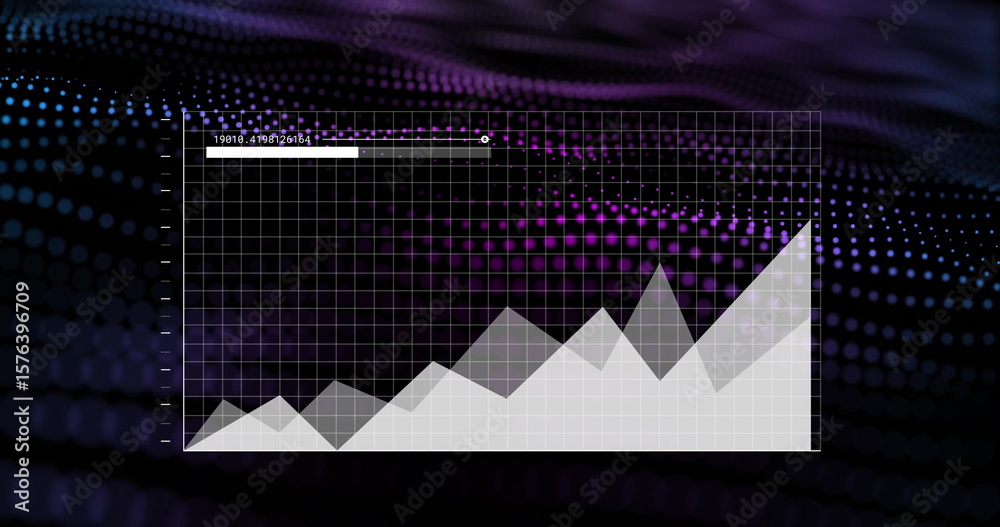 Poster displaying grid with area chart, purple progress bar and numeric label on dotted wave background