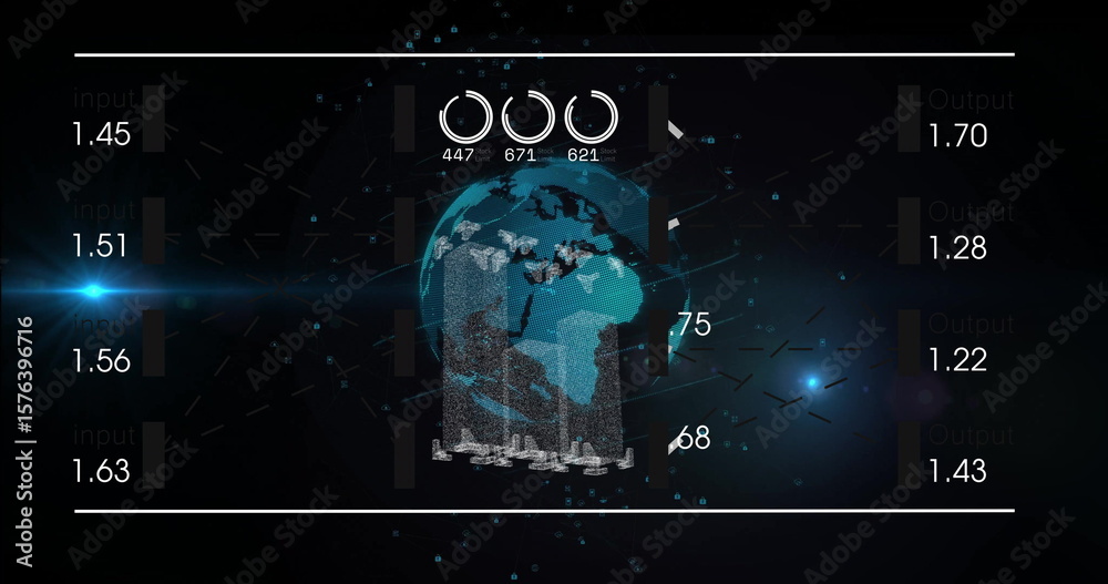 Poster displaying 3d particle-based globe rotating on hud interface, with numeric input output metrics