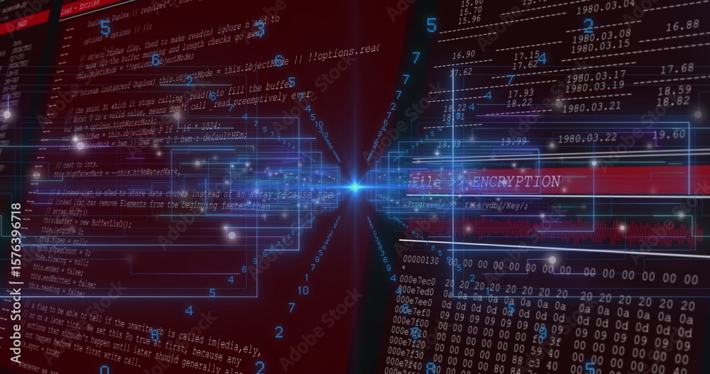 Poster radiating central glowing node streaming data across security interface, with code lines, hex dumps