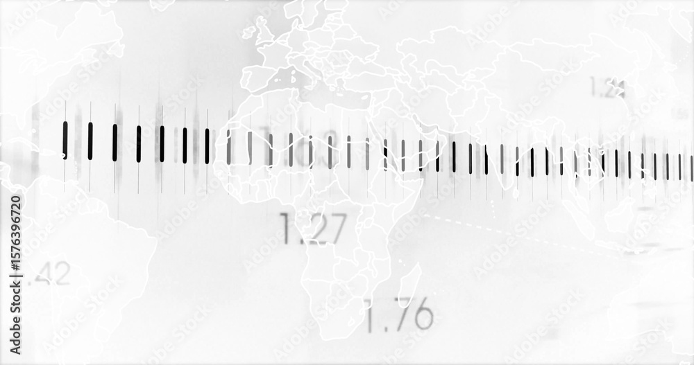 Poster displaying grayscale world map with vertical data bars on analytics interface, with numeric labels