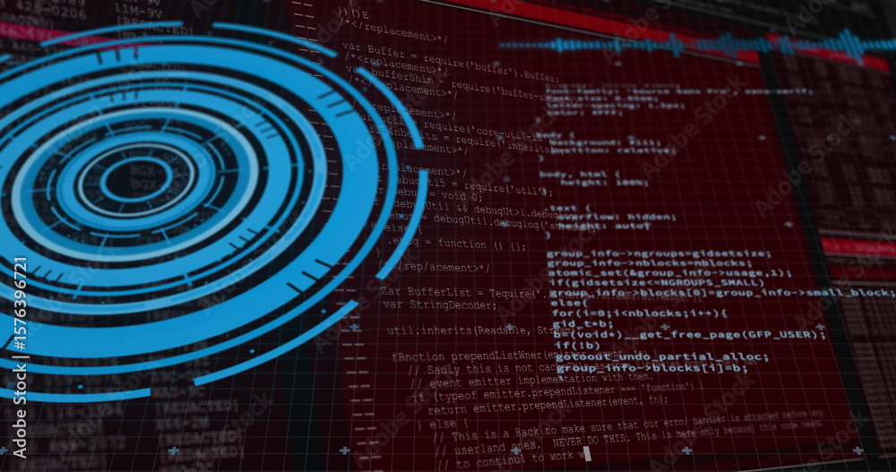 Fototapete displaying blue circular hud graphic overlaying red grid background, showing lines of code