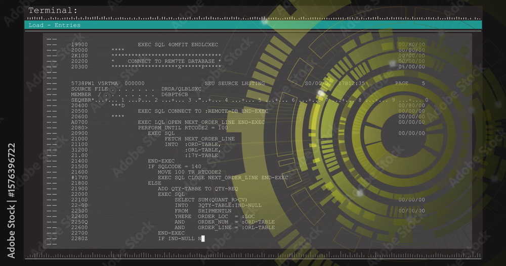 Fototapete displaying terminal window showing line-numbered sql code on desktop, with hud overlay, copy space