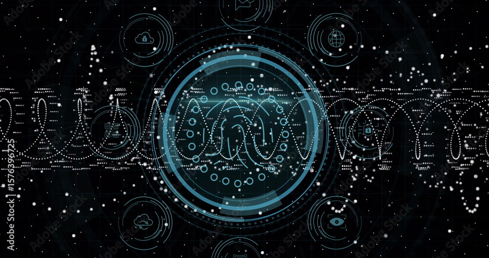 Poster displaying central circular hud interface in network environment, with waveform icons, data points