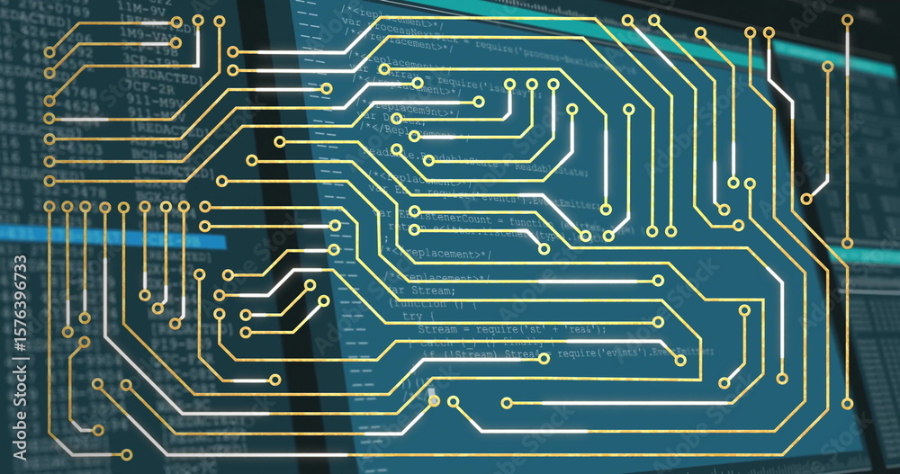 Fototapete branching gold circuit traces and circular nodes weaving across computer screen, with code windows