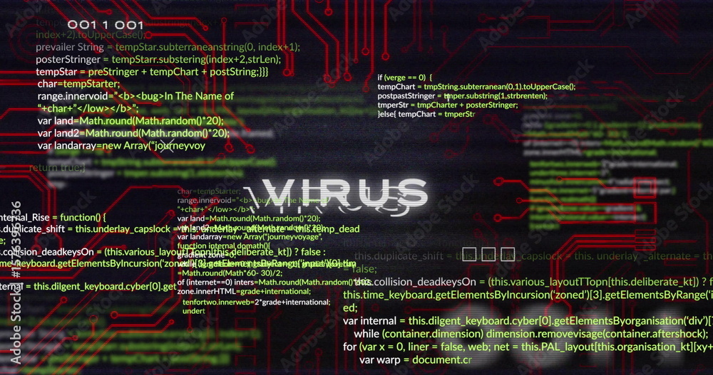 Fototapete showing glitch-styled virus text hovering over red circuit board backdrop, with code overlays