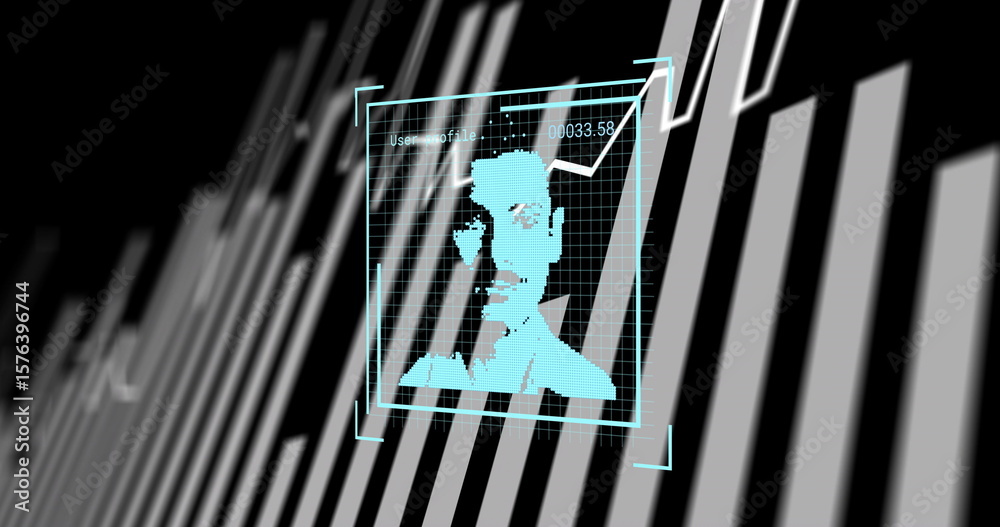 Poster cyan pixelated face mesh scanning within holographic frame, with grid overlay and graph display