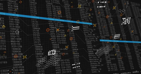 Displaying data columns at system dashboard, showing error labels, hexagonal patterns, blue bars