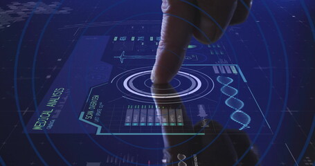 Male index finger tapping control in medical lab, with holographic DNA helix  and  scan data panels