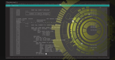 Displaying terminal window showing line-numbered SQL code on desktop, with HUD overlay, copy space
