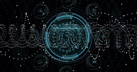 Displaying central circular HUD interface in network environment, with waveform icons, data points