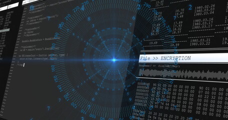 Displaying glowing interface on PC with code panel data grids and encryption progress bar