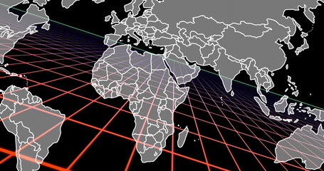 Projecting translucent world map with white outlines, hovering above red grid mesh in digital scene