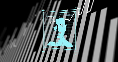 Cyan pixelated face mesh scanning within holographic frame, with grid overlay and graph display