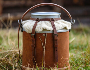 A rustic felt and leather container for fermented mare's milk (airag), showcasing nomadic ingenuity and tradition.