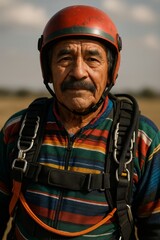 Obraz premium An aged man wearing a colorful striped top and safety harness. He looks directly at the camera, wearing a red helmet.