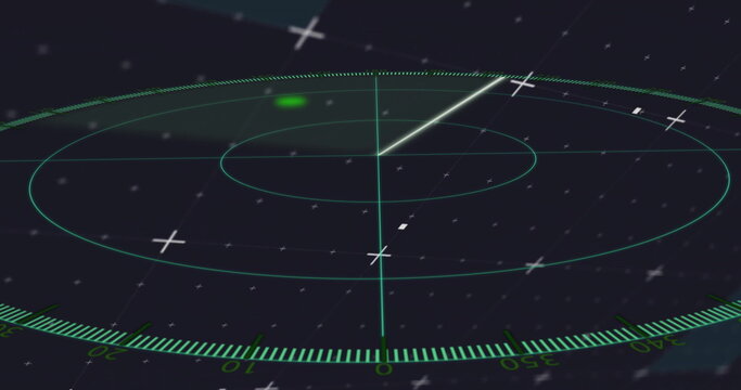 Displaying neon green radar grid scanning control room display, with target blip and sensor markers