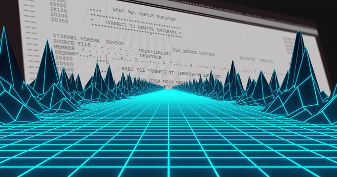 Neon blue wireframe grid showing triangular spikes in virtual interface, with SQL console commands