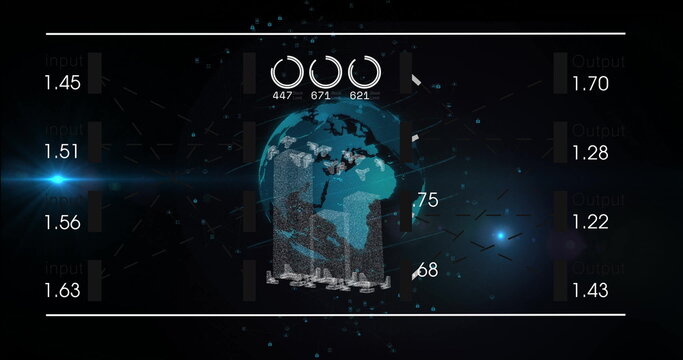 Displaying 3D particle-based globe rotating on HUD interface, with numeric input output metrics