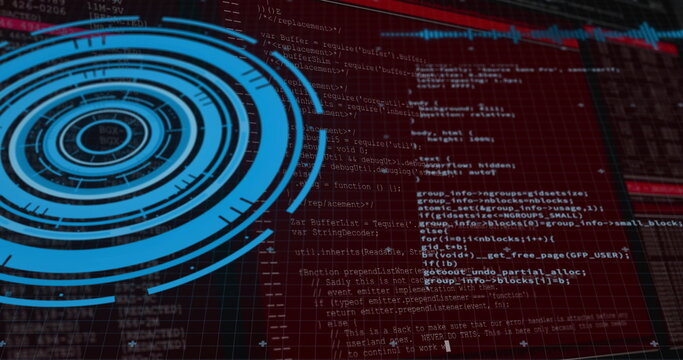 Displaying blue circular HUD graphic overlaying red grid background, showing lines of code