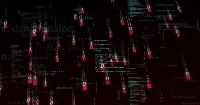 Streaming binary digits, green code fragments and syntax elements in code matrix with red squares